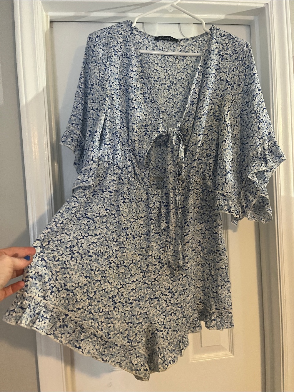 Angie Blue and White Floral Tie-Front Romper Shorts